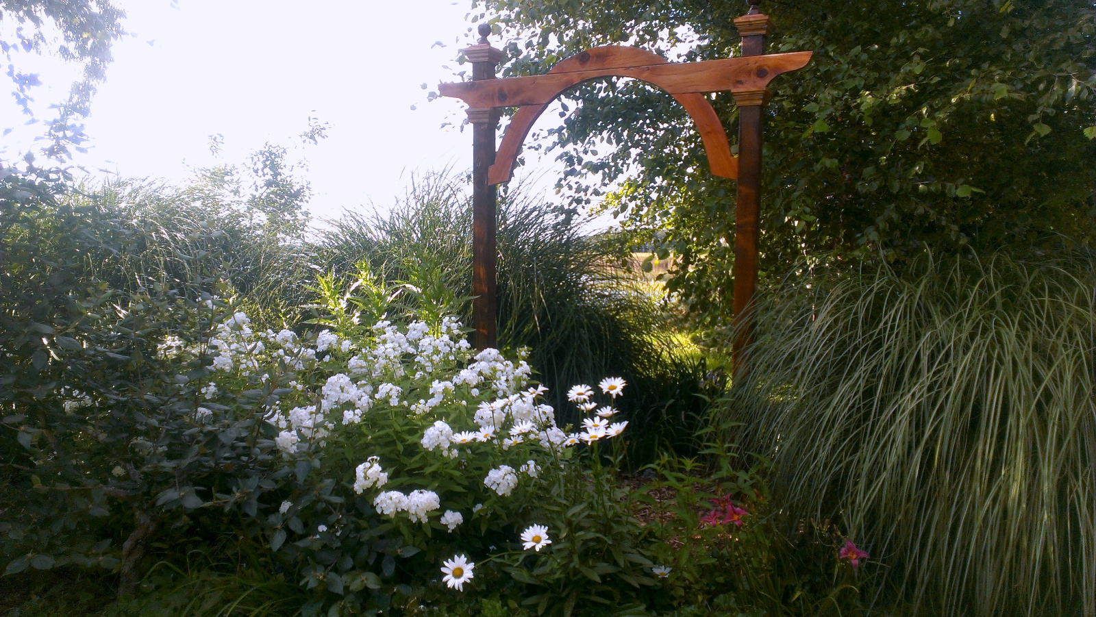 The portable Archway with Daisy, Phlox and a little Daylily bloom to create a private little area